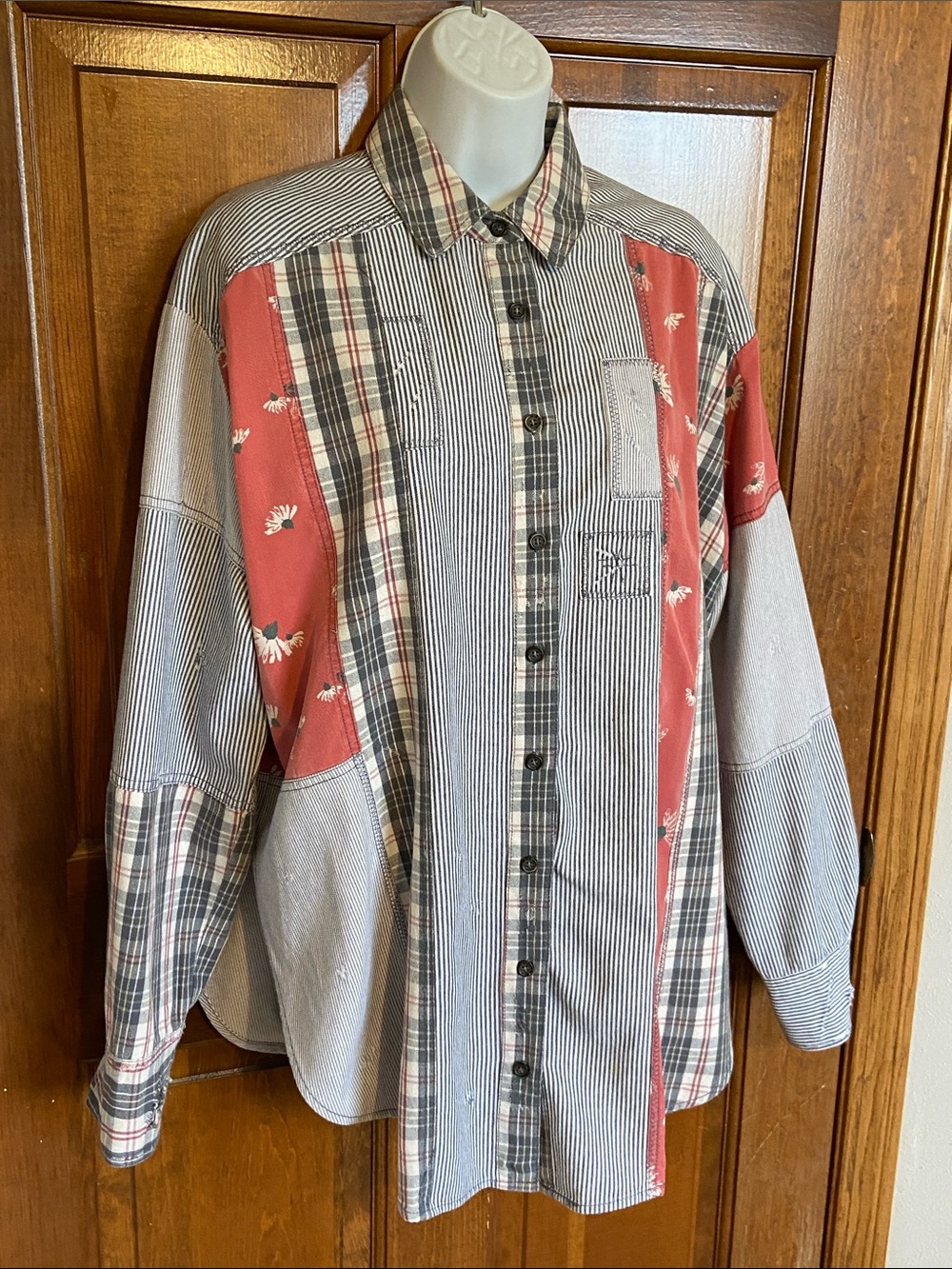 Free People “All Patched Up” Full button Down Distress OS Size Medium - Picture 4 of 11